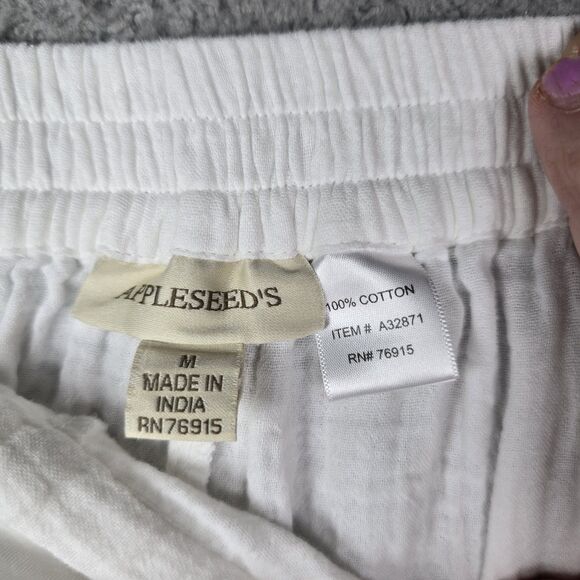 APPLESEEDS Womens White 100 Cotton Cropped Pants M Shell Button Pocket Capri - Picture 7 of 10